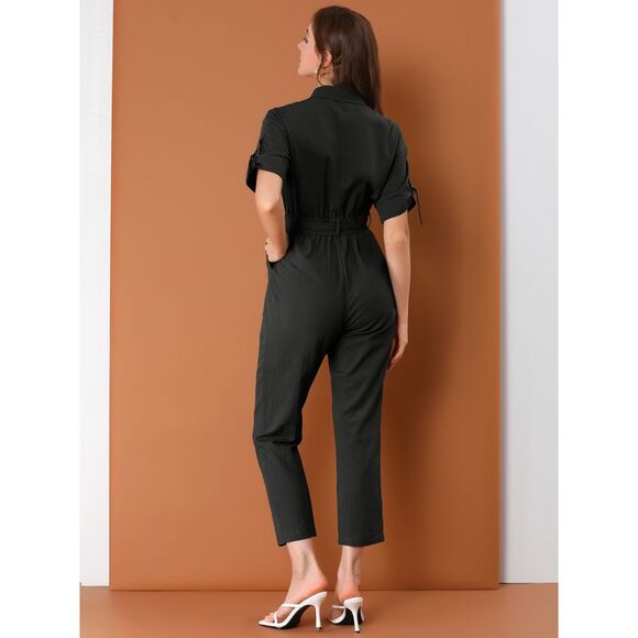 Short Sleeve Collared Cropped Button Down Tie Waist Cotton Cargo Jumpsuit Black - Picture 4 of 6